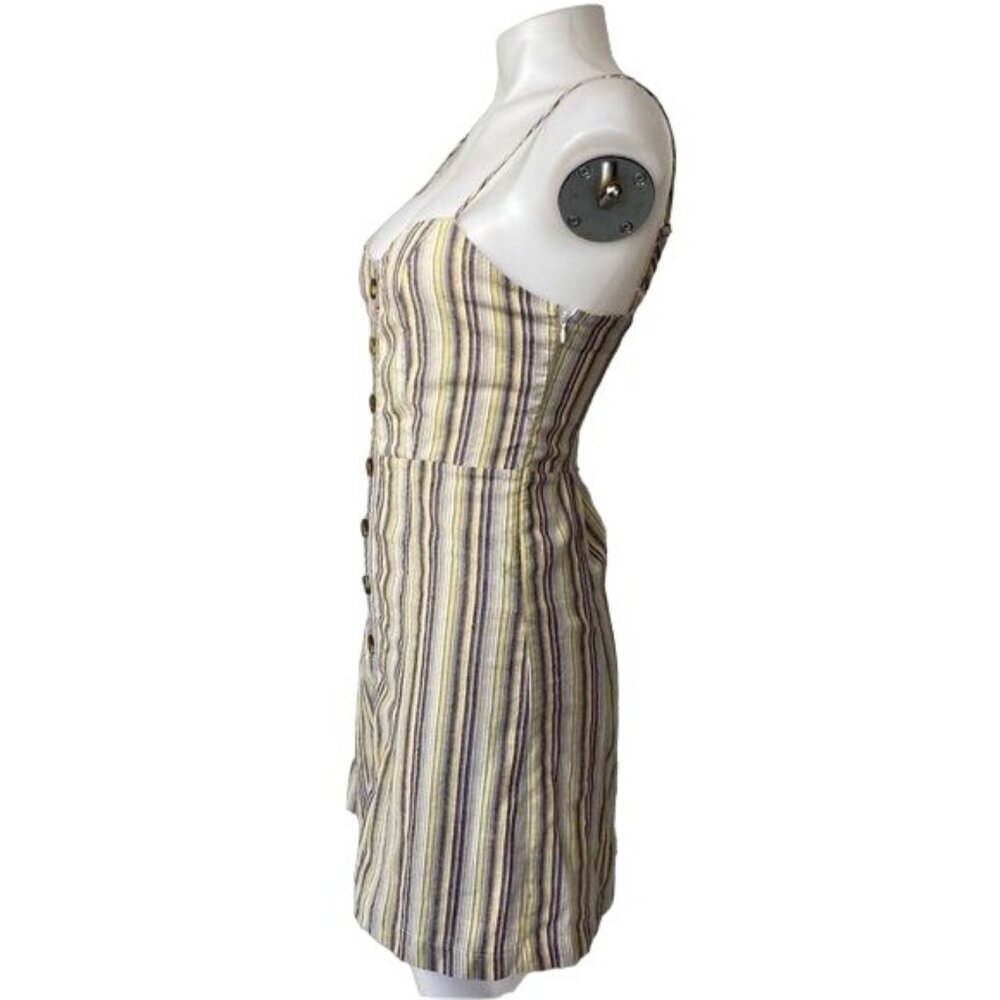 Mind Code Pin Striped Mini Linen Y2K Yellow Blue Brown Button Dress Size S - Picture 5 of 12